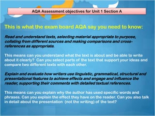 AQA Assessment objectives for Unit 1 Section A



This is what the exam board AQA say you need to know:
Read and understand texts, selecting material appropriate to purpose,
collating from different sources and making comparisons and cross-
references as appropriate.

This means can you understand what the text is about and be able to write
about it clearly? Can you select parts of the text that support your ideas and
compare two different texts with each other.

Explain and evaluate how writers use linguistic, grammatical, structural and
presentational features to achieve effects and engage and influence the
reader, supporting their comments with detailed textual references.

This means can you explain why the author has used specific words and
phrases. Can you explain the effect they have on the reader. Can you also talk
in detail about the presentation (not the writing) of the text?
 