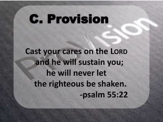 Cast your cares on the LORD
  and he will sustain you;
      he will never let
  the righteous be shaken.
               -psalm 55:22
 