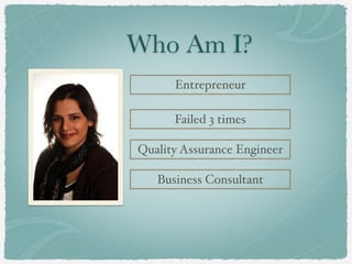 Who Am I?
      Entrepreneur

      Failed 3 times

Quality Assurance Engineer

   Business Consultant
 