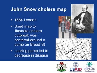 John Snow cholera map

 1854 London
 Used map to
  illustrate cholera
  outbreak was
  centered around a
  pump on Broad St
 Locking pump led to
  decrease in disease
 