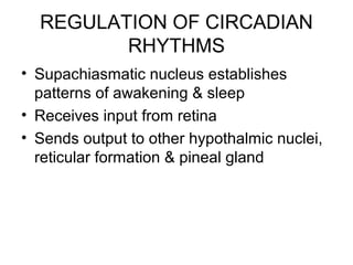 REGULATION OF CIRCADIAN
         RHYTHMS
• Supachiasmatic nucleus establishes
  patterns of awakening & sleep
• Receives input from retina
• Sends output to other hypothalmic nuclei,
  reticular formation & pineal gland
 