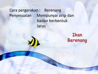 Cara pergerakan : Berenang
Penyesuaian : Mempunyai sirip dan
              badan berbentuk
              larus
 