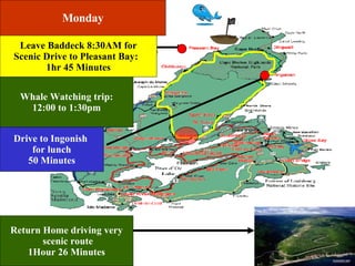 Monday Leave Baddeck 8:30AM for Scenic Drive to Pleasant Bay:  1hr 45 Minutes Whale Watching trip: 12:00 to 1:30pm Drive to Ingonish  for lunch 50 Minutes Return Home driving very scenic route 1Hour 26 Minutes 