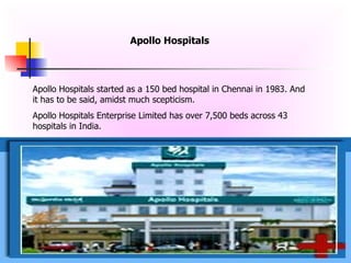 Apollo Hospitals Apollo Hospitals started as a 150 bed hospital in Chennai in 1983. And it has to be said, amidst much scepticism. Apollo Hospitals Enterprise Limited has over 7,500 beds across 43 hospitals in India.  
