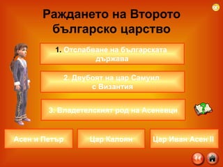 Раждането на Второто българско царство Отслабване на българската  държава 2. Двубоят на цар Самуил  с Византия 3. Владетелският род на Асеневци Асен и Петър Цар Калоян Цар Иван Асен  II   