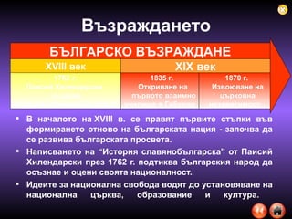 Възраждането В началото на XVIII в. се правят първите стъпки във формирането отново на българската нация - започва да се развива българската просвета.  Написването на “История славянобългарска” от Паисий Хилендарски през 1762 г. подтиква българския народ да осъзнае и оцени своята националност.  Идеите за национална свобода водят до установяване на национална църква, образование и култура.  БЪЛГАРСКО ВЪЗРАЖДАНЕ XVIII  век 1762 г. Паисий Хилендарски  създава “ История славянобългарска” XIX  век 1 870  г. Извоюване на  църковна  независимост 1 8 35 г. Откриване на  първото взаимно училище в Габрово 