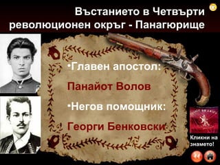 Въстанието в Четвърти революционен окръг - Панагюрище Главен апостол: Панайот Волов Негов помощник: Георги Бенковски Кликни на знамето! 