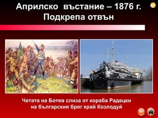 Априлско  въстание – 1876 г. Подкрепа отвън Четата на Ботев слиза от кораба Радецки на българския бряг край Козлодуй 