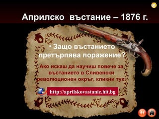 Априлско  въстание – 1876 г. Защо въстанието претърпява поражение? Ако искаш да научиш повече за въстанието в Сливенски революционен окръг, кликни тук: http://aprilskovastanie.hit.bg 