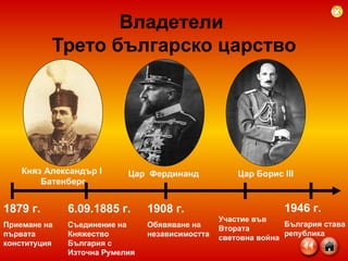 Владетели  Трето българско царство Княз Александър  I  Батенберг Цар  Фердинанд Цар Борис  III 1879 г. Приемане на първата конституция 6.09.1885 г. Съединение на Княжество България с Източна Румелия 1908 г. Обявяване на независимостта 1946 г. България става република Участие във Втората световна война 