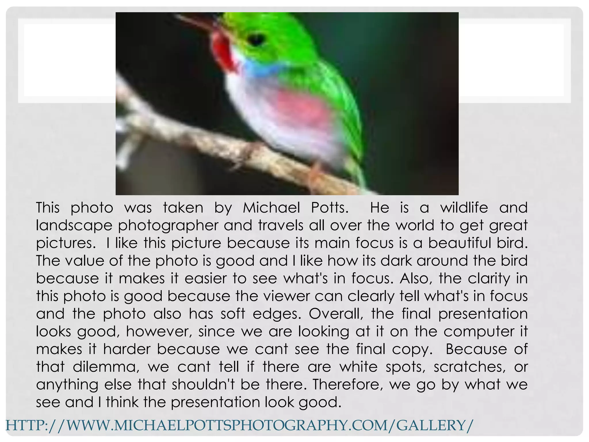 This photo was taken by Michael Potts. He is a wildlife and
   landscape photographer and travels all over the world to get great
   pictures. I like this picture because its main focus is a beautiful bird.
   The value of the photo is good and I like how its dark around the bird
   because it makes it easier to see what's in focus. Also, the clarity in
   this photo is good because the viewer can clearly tell what's in focus
   and the photo also has soft edges. Overall, the final presentation
   looks good, however, since we are looking at it on the computer it
   makes it harder because we cant see the final copy. Because of
   that dilemma, we cant tell if there are white spots, scratches, or
   anything else that shouldn't be there. Therefore, we go by what we
   see and I think the presentation look good.
HTTP://WWW.MICHAELPOTTSPHOTOGRAPHY.COM/GALLERY/
 