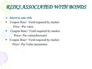 RISKS ASSOCIATED WITH BONDS
 Interest rate risk
 Coupon Rate= Yield required by market
     Price =Par value
 Coupon Rate< Yield required by market
     Price< Par value(discount)
 Coupon Rate> Yield required by market
    Price> Par Value (premium)
 