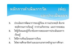 หลักการดำเȨȨารวัด     (ตอ)2
                และประเมินผลฯ2
5.  ประเมินจากพัฒนาการของผูเรียน ความประพฤติ สังเกต E
     พฤติกรรมการเรียนรู การรวมกิจกรรม และการทดสอบE
6. ใหผูเรียนและผูเกี่ยวของตรวจสอบผลการประเมินผลการ E
     เรียนรูE
7.  ใหมีการเทียบโอนผลการเรียนE
8.  ใหสถานศึกษาจัดทำและออกเอกสารหลักฐานการศึกษาE
 
