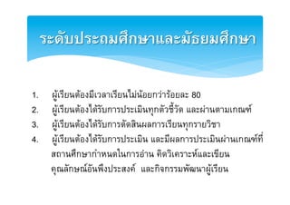 ระดับประถมศึกษาและมัธยมศึกษา2

1.    ผูเรียนตองมีเวลาเรียนไมนอยกวารอยละ 80E
2.    ผูเรียนตองไดรับการประเมินทุกตัวชี้วัด และผานตามเกณฑE
3.    ผูเรียนตองไดรับการตัดสินผลการเรียนทุกรายวิชาE
4.    ผูเรียนตองไดรับการประเมิน และมีผลการประเมินผานเกณฑที่E
      สถานศึกษากำหนดในการอาน คิดวิเคราะหและเขียนE
      คุณลักษณอันพึงประสงค และกิจกรรมพัฒนาผูเรียนE
 