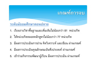 เกณฑการจบ2
ระดับมัธยมศึกษาตอนปลาย2
1.  เรียนรายวิชาพื้นฐานและเพิ่มเติมไมนอยกวา 81 หนวยกิตE
E


2. ไดหนวยกิตตลอดหลักสูตรไมนอยกวา 77 หนวยกิตE
3. มีผลการประเมินการอาน คิดวิเคราะห และเขียน ผานเกณฑE
4. มีผลการประเมินคุณลักษณะอันพึงประสงค ผานเกณฑ E
5. เขารวมกิจกรรมพัฒนาผูเรียน มีผลการประเมิน ผานเกณฑE
 