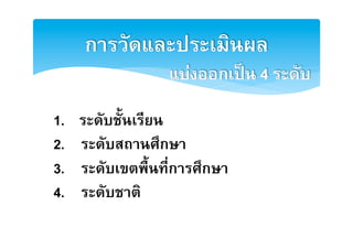 การวัดและประ๶มิȨล              2
                    แบงออกเปน 4 ระดับ2

1.    ระดับชั้นเรียน2
2.    ระดับสถานศึกษา2
3.    ระดับเขตพื้นที่การศึกษา2
4.    ระดับชาติ2
 
