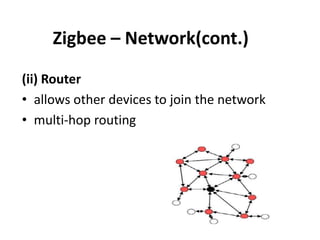 Zigbee – Network(cont.)

(ii) Router
• allows other devices to join the network
• multi-hop routing
 