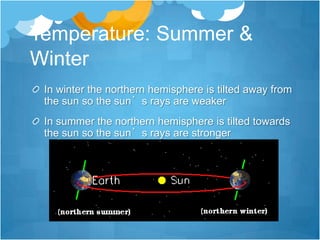 Temperature: Summer &
Winter
 In winter the northern hemisphere is tilted away from
 the sun so the sun’s rays are weaker
 In summer the northern hemisphere is tilted towards
 the sun so the sun’s rays are stronger
 