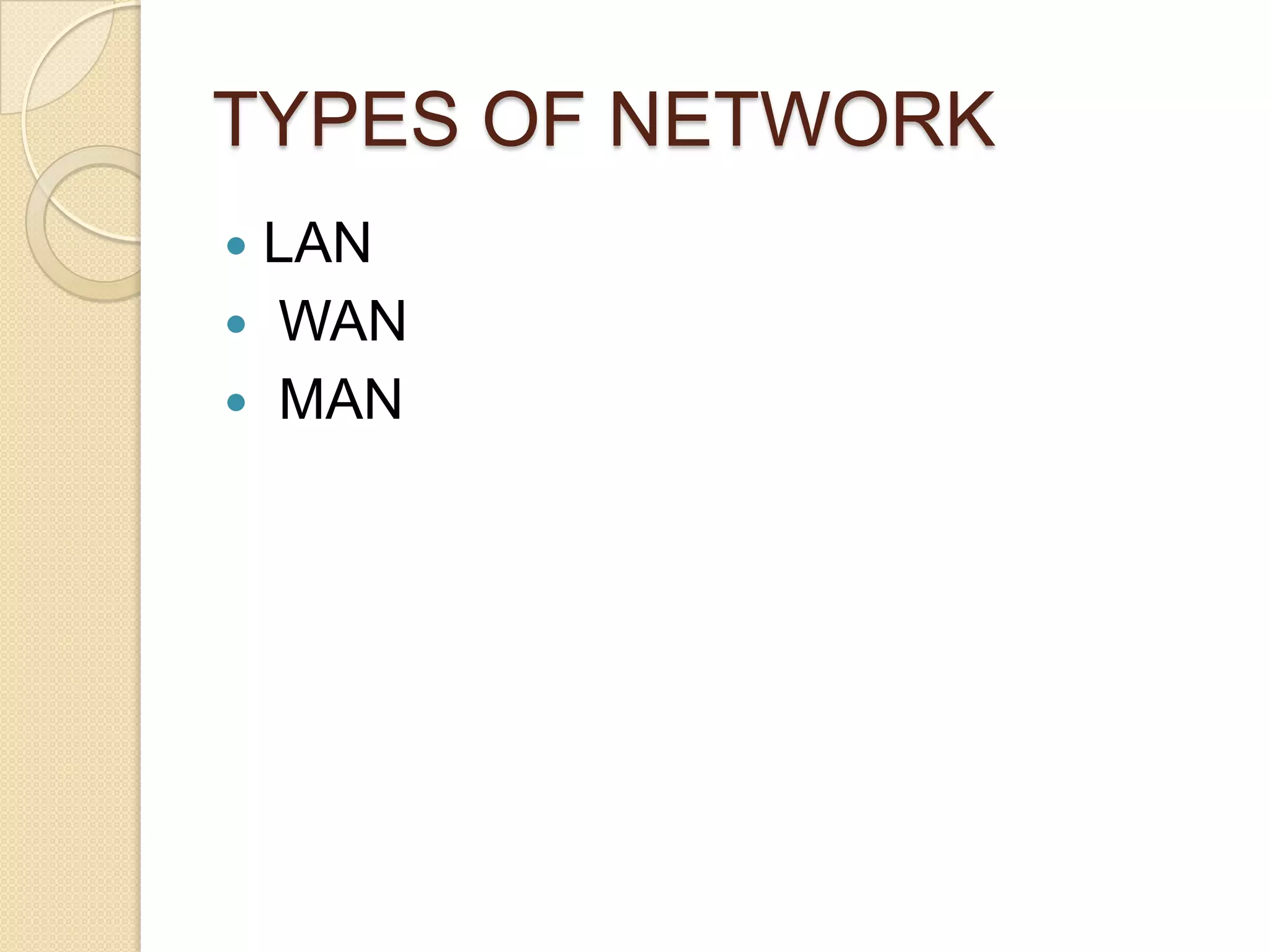 TYPES OF NETWORK
LAN
 WAN
 MAN
 