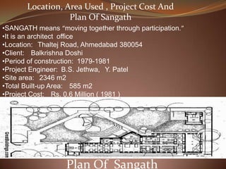 Plan Of Sangath
•SANGATH means “moving together through participation.”
•It is an architect office
•Location: Thaltej Road, Ahmedabad 380054
•Client: Balkrishna Doshi
•Period of construction: 1979-1981
•Project Engineer: B.S. Jethwa, Y. Patel
•Site area: 2346 m2
•Total Built-up Area: 585 m2
•Project Cost: Rs. 0.6 Million ( 1981 )
Location, Area Used , Project Cost And
Plan Of Sangath
 