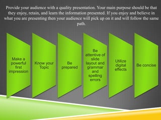 Make a
powerful
first
impression
Know your
Topic
Be
prepared
Be
attentive of
slide
layout and
grammar
and
spelling
errors
Utilize
digital
effects
Be concise
Provide your audience with a quality presentation. Your main purpose should be that
they enjoy, retain, and learn the information presented. If you enjoy and believe in
what you are presenting then your audience will pick up on it and will follow the same
path.
 