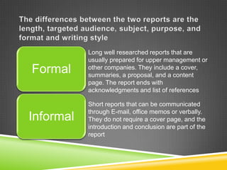 Formal
Informal
Long well researched reports that are
usually prepared for upper management or
other companies. They include a cover,
summaries, a proposal, and a content
page. The report ends with
acknowledgments and list of references
Short reports that can be communicated
through E-mail, office memos or verbally.
They do not require a cover page, and the
introduction and conclusion are part of the
report
 