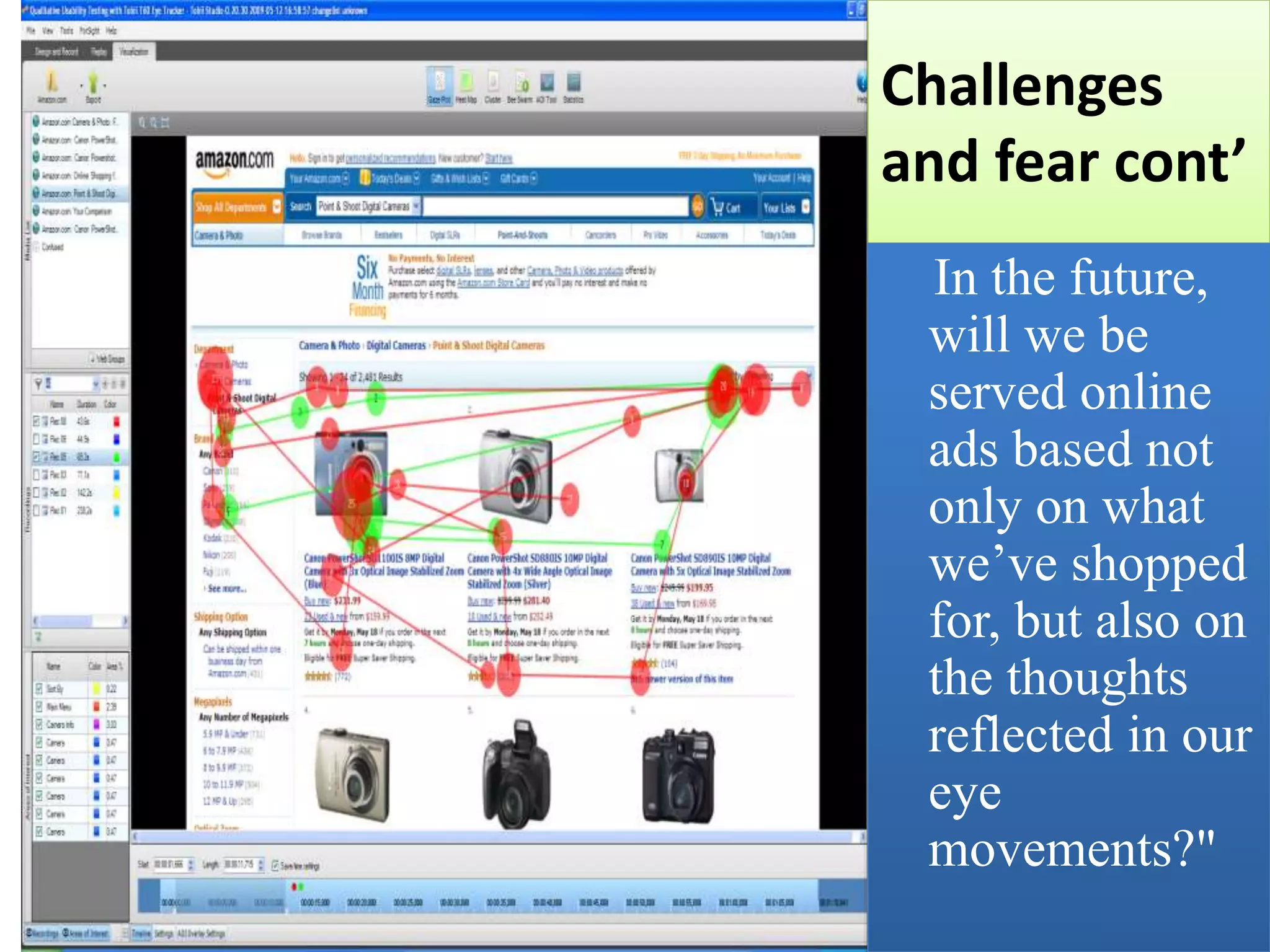 Challenges
and fear cont’
In the future,
will we be
served online
ads based not
only on what
we’ve shopped
for, but also on
the thoughts
reflected in our
eye
movements?"
 