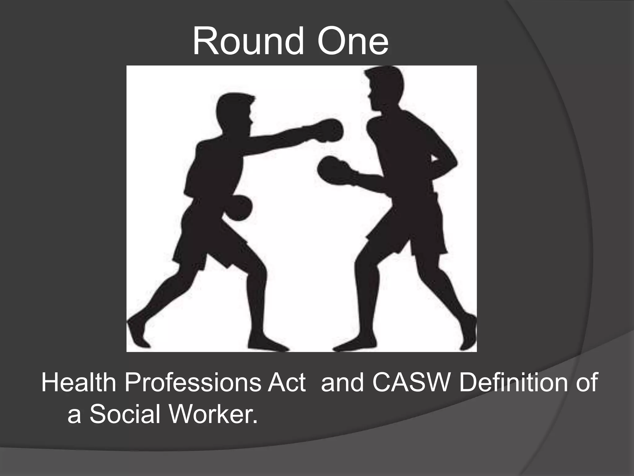 Round One
Health Professions Act and CASW Definition of
a Social Worker.
 