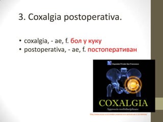 3. Coxalgia postoperativa.
• coxalgia, - ae, f. бол у куку
• postoperativa, - ae, f. постоперативан
http://www.omceo-ra.it/coxalgia-congresso-ecm-previsto-per-il-16-febbraio/
 