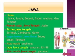  Suku
:Jawa, Sunda, Betawi, Badui, madura, dan
Tengger
 Rumah adat Jawa Tengah: Joglo
 Tarian jawa tengah:
Serimpi, Gambyong, Golek
 Lagu daerah Jawa Barat Bubuy
bulan, Tokecan
 Alat musik: angklung
 lagu Jawa tengah:Jamuran, Ilir-ilir
 Alat musik jawa tengah: gamelan
 