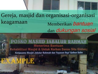 Gereja, masjid dan organisasi-organisasi
keagamaan
Memberikan bantuan
dan dukungan

example

sosial

 