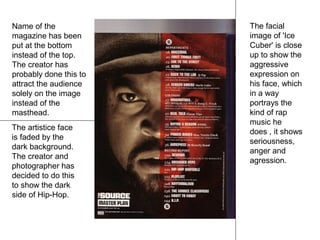 Name of the
magazine has been
put at the bottom
instead of the top.
The creator has
probably done this to
attract the audience
solely on the image
instead of the
masthead.
The artistice face
is faded by the
dark background.
The creator and
photographer has
decided to do this
to show the dark
side of Hip-Hop.

The facial
image of 'Ice
Cuber' is close
up to show the
aggressive
expression on
his face, which
in a way
portrays the
kind of rap
music he
does , it shows
seriousness,
anger and
agression.

 