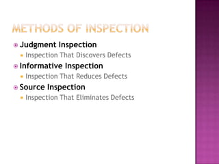  Judgment


Inspection

Inspection That Discovers Defects

 Informative


Inspection That Reduces Defects

 Source


Inspection

Inspection

Inspection That Eliminates Defects

 