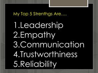 My Top 5 Strenthgs Are….

1.Leadership
2.Empathy
3.Communication
4.Trustworthiness
5.Reliability
 