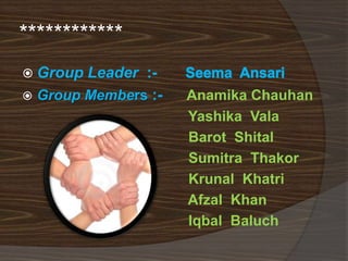 ************
 Group

Leader : Group Members :-

Anamika Chauhan
Yashika Vala
Barot Shital
Sumitra Thakor
Krunal Khatri
Afzal Khan
Iqbal Baluch

 