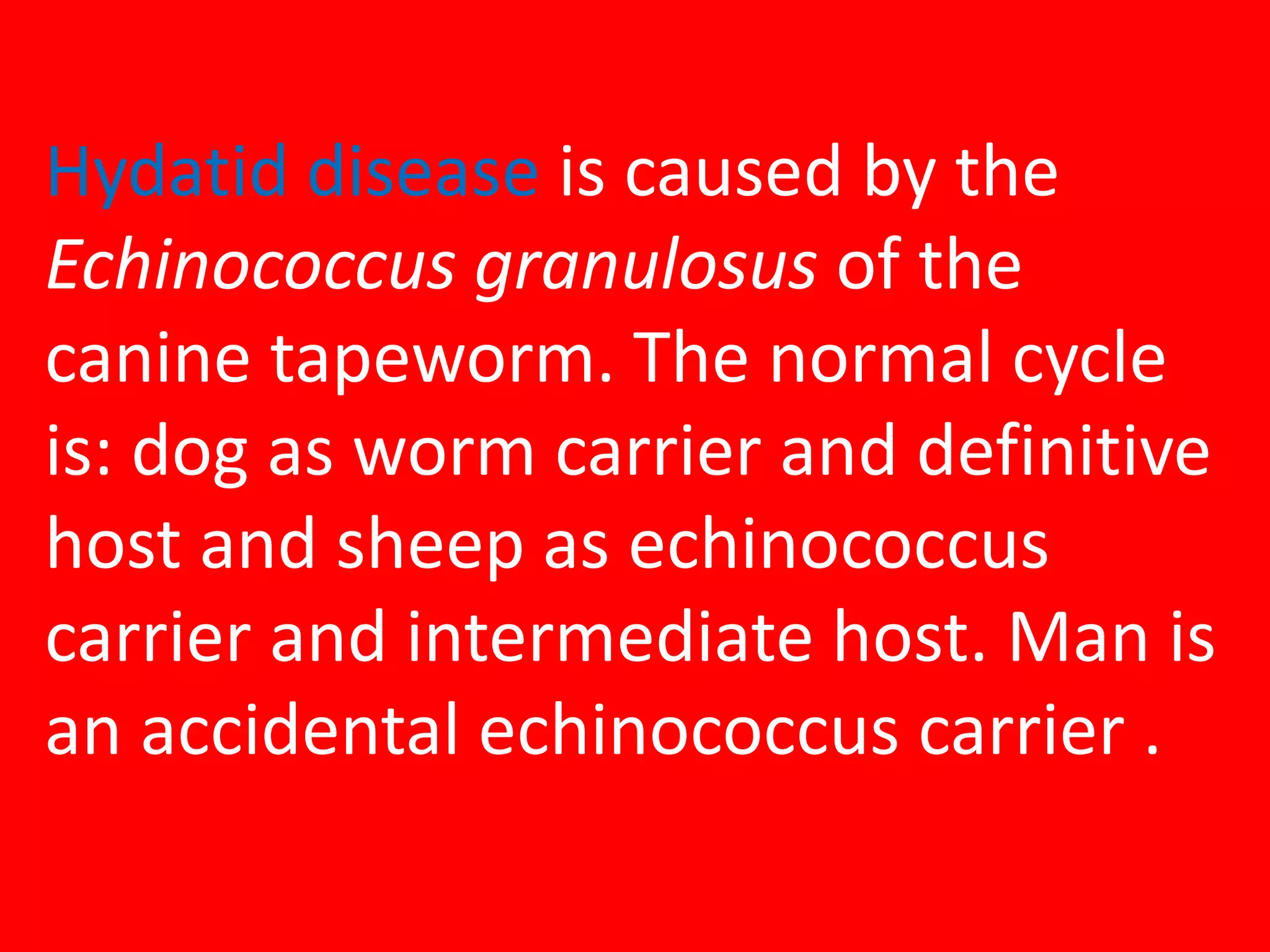 Hydatid disease is caused by the
Echinococcus granulosus of the
canine tapeworm. The normal cycle
is: dog as worm carrier and definitive
host and sheep as echinococcus
carrier and intermediate host. Man is
an accidental echinococcus carrier .

 
