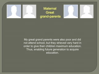 My great grand parents were also poor and did
not attend school, but they strieved very hard in
order to give their children maximum education.
Thus, enabling future generation to acquire
education.

 