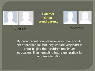 PLANTER

PLOWMAN

My great grand parents were very poor and did
not attend school, but they worked very hard in
order to give their children maximum
education. Thus, enabling future generation to
acquire education.

 