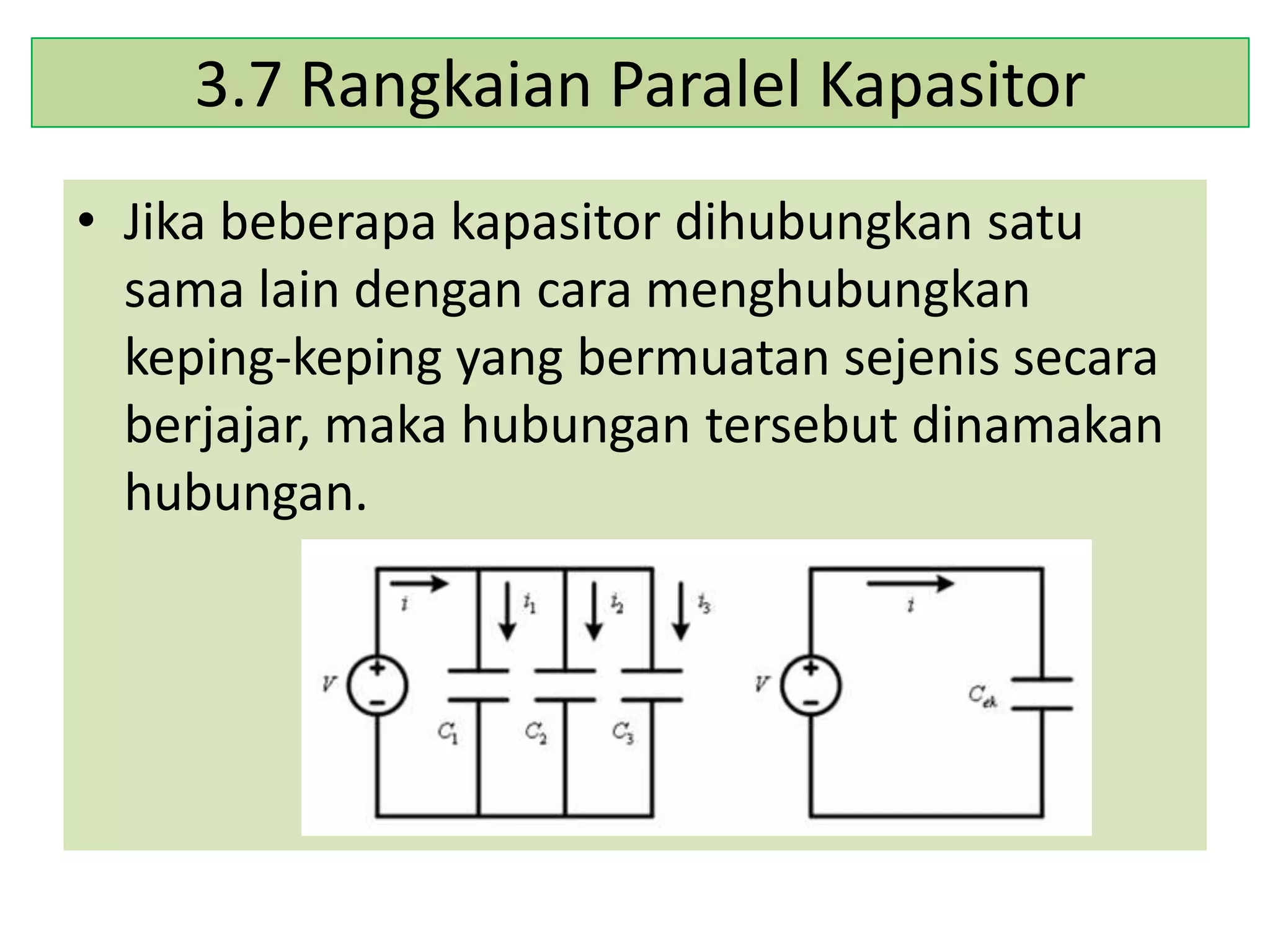 3.7 Rangkaian Paralel Kapasitor
• Jika beberapa kapasitor dihubungkan satu
sama lain dengan cara menghubungkan
keping-keping yang bermuatan sejenis secara
berjajar, maka hubungan tersebut dinamakan
hubungan.

 