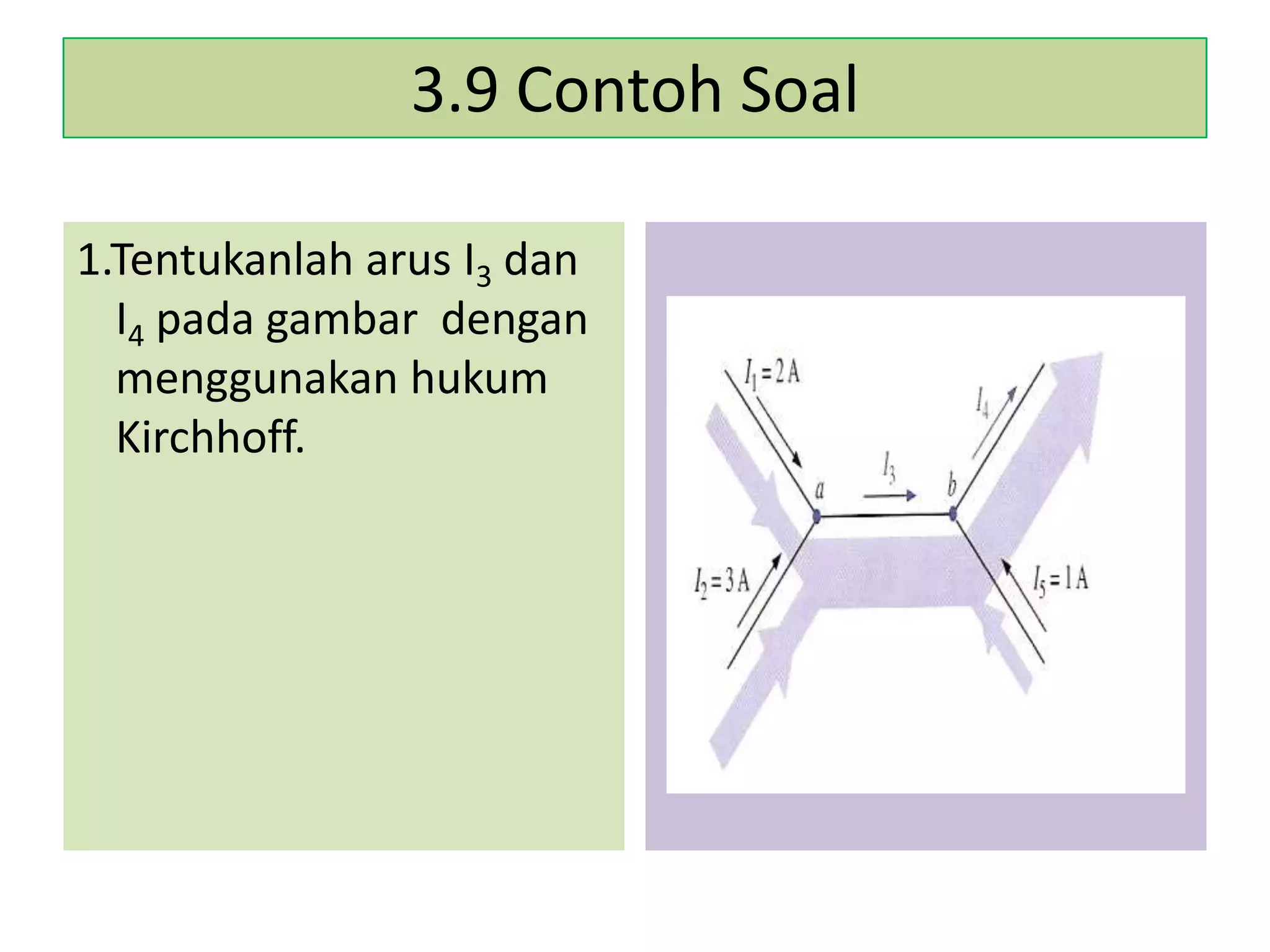 3.9 Contoh Soal
1.Tentukanlah arus I3 dan
I4 pada gambar dengan
menggunakan hukum
Kirchhoff.

 