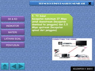 TEKNOLOGI INFORMASI KOMUNIKASI

SK & KD
INDIKATOR
MATERI

5. TV Kabel
Kecepatan maksimum 27 Mbps
untuk downstream (kecepatan
download ke pengguna) dan 2,5
Mbps upstream (kecepatan
upload dari pengguna)

LATIHAN SOAL
PENYUSUN

KELOMPOK 4 BAB 4

 