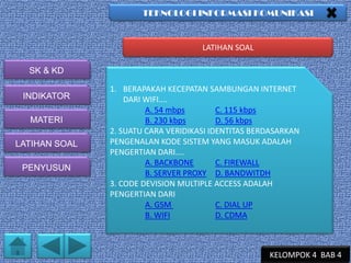 TEKNOLOGI INFORMASI KOMUNIKASI

LATIHAN SOAL

SK & KD
INDIKATOR
MATERI
LATIHAN SOAL
PENYUSUN

1. BERAPAKAH KECEPATAN SAMBUNGAN INTERNET
DARI WIFI....
A. 54 mbps
C. 115 kbps
B. 230 kbps
D. 56 kbps
2. SUATU CARA VERIDIKASI IDENTITAS BERDASARKAN
PENGENALAN KODE SISTEM YANG MASUK ADALAH
PENGERTIAN DARI....
A. BACKBONE
C. FIREWALL
B. SERVER PROXY D. BANDWITDH
3. CODE DEVISION MULTIPLE ACCESS ADALAH
PENGERTIAN DARI
A. GSM
C. DIAL UP
B. WIFI
D. CDMA

KELOMPOK 4 BAB 4

 