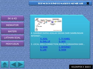 TEKNOLOGI INFORMASI KOMUNIKASI

SK & KD
INDIKATOR
MATERI
LATIHAN SOAL
PENYUSUN

4. GAMBAR DIATAS ADALAH SKEMA DARI SAMBUNGAN
INTERNET....
A. ADSL
C. TV KABEL
B. DIAL UP
D. WIFI
5. LOCAL AREA CONNECTION ADALAH SINGKATAN DARI...
A. WAN
C. INTERNET
B. LAN
D. MAN

KELOMPOK 4 BAB 4

 