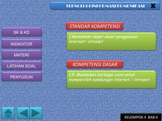 TEKNOLOGI INFORMASI KOMUNIKASI

STANDAR KOMPETENSI
SK & KD
INDIKATOR

1.Memahami dasar-dasar penggunaan
internet/ intranet

MATERI
LATIHAN SOAL
PENYUSUN

KOMPETENSI DASAR
1.5. Melakukan berbagai cara untuk
memperoleh sambungan internet / intranet

KELOMPOK 4 BAB 4

 