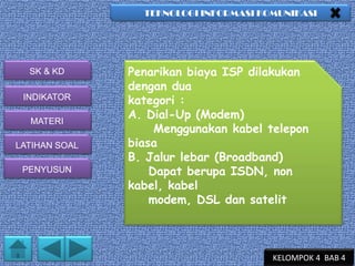 TEKNOLOGI INFORMASI KOMUNIKASI

SK & KD
INDIKATOR
MATERI
LATIHAN SOAL
PENYUSUN

Penarikan biaya ISP dilakukan
dengan dua
kategori :
A. Dial-Up (Modem)
Menggunakan kabel telepon
biasa
B. Jalur lebar (Broadband)
Dapat berupa ISDN, non
kabel, kabel
modem, DSL dan satelit

KELOMPOK 4 BAB 4

 