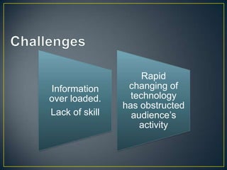 Information
over loaded.
Lack of skill
Rapid
changing of
technology
has obstructed
audience‟s
activity
 
