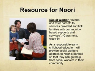 Resource for Noori
Social Worker: ―Inform
and refer parents to
services provided and link
families with community-
based supports and
services‖. (Class note,
week-9)
As a responsible early
childhood educator I will
provide social workers
address to Noori‘s parents
so that they can get help
from social workers in their
community.
 