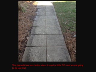 This sidewalk has seen better days. It needs a little TLC. And we are going
to do just that.
 
