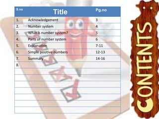 S.no
Title Pg.no
1. Acknowledgement 3
2. Number system 4
3. What is number system? 5
4. Parts of number system 6
5. Explanation 7-11
6. Simple positive numbers 12-13
7. Summary 14-16
8.
 