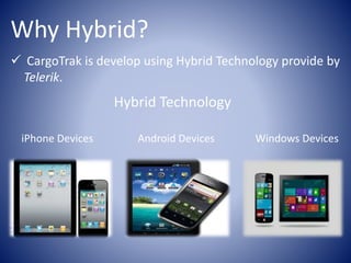 Why Hybrid?
CargoTrak is develop using Hybrid Technology provide by
Telerik.
Hybrid Technology
iPhone Devices Android Devices Windows Devices
